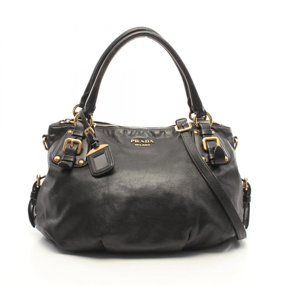 Prada PRADA Metal Logo 2-Way Handbag Leather for Women Black